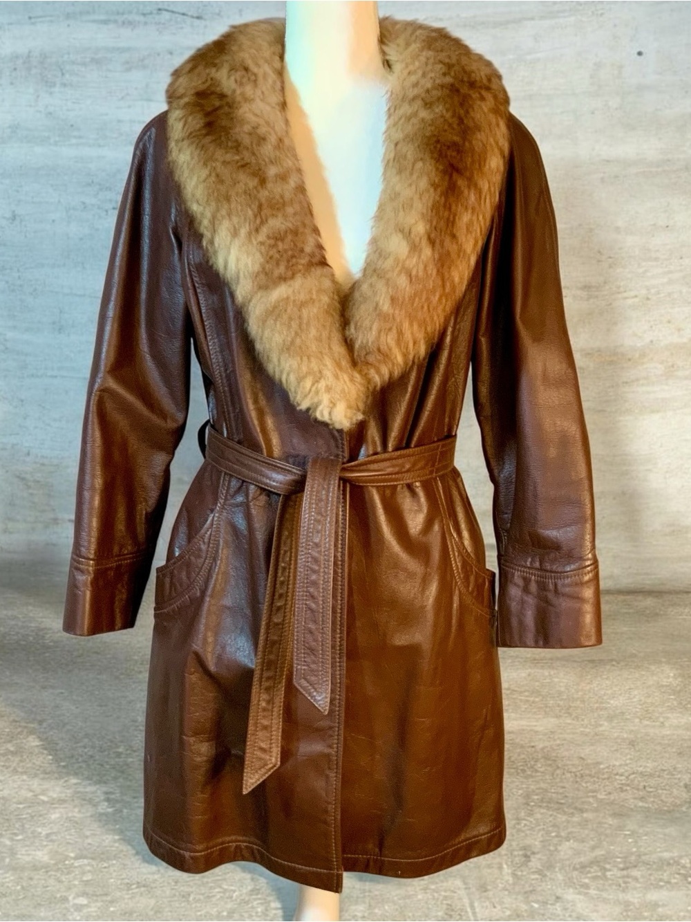 Vintage 1970s/80s Breier of Amsterdam Brown Leather Coat with Fur Collar